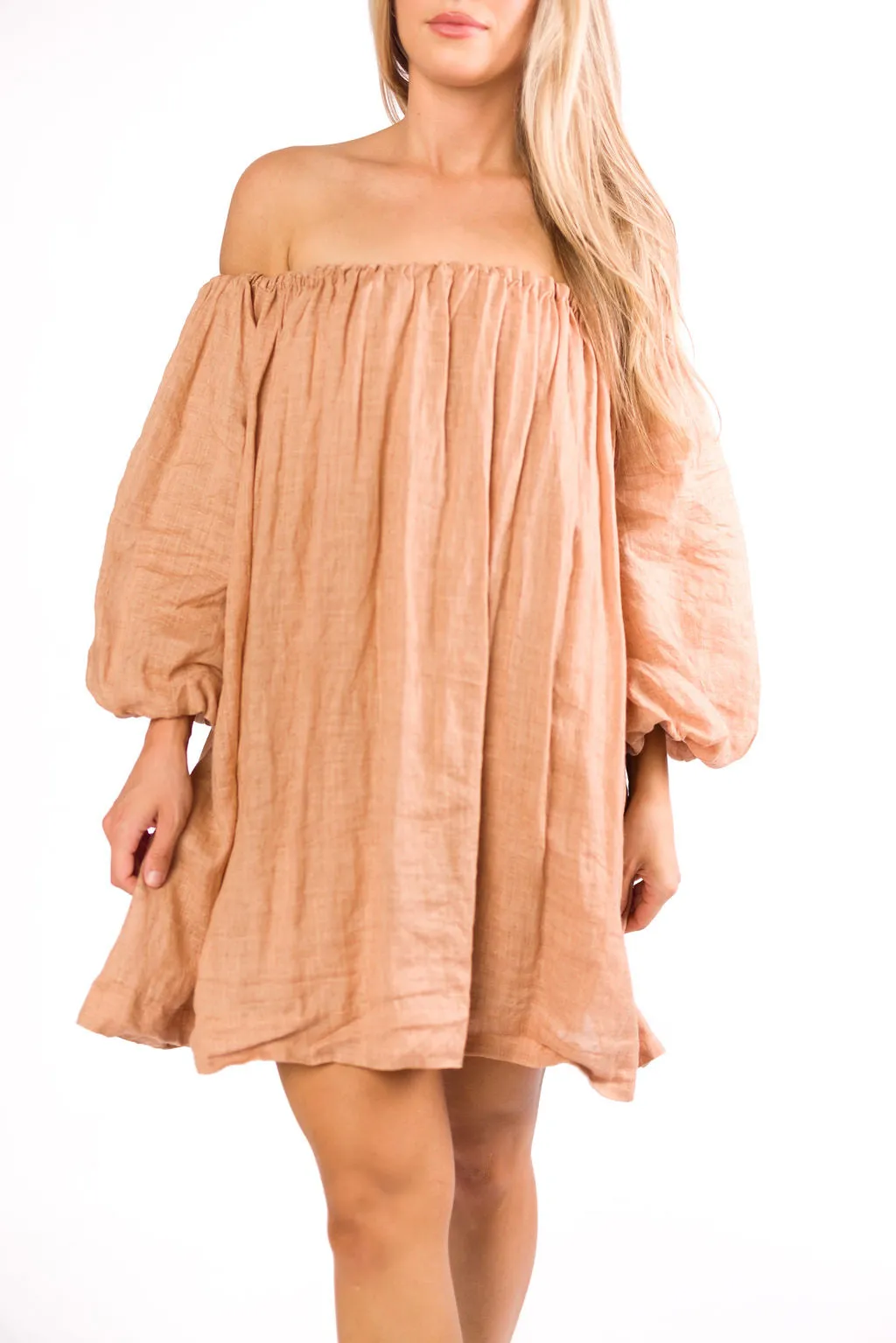 Cassidy 100% Linen On/Off Shoulder Mini Dress in Mocha