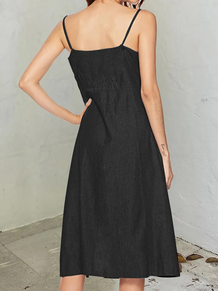 Casual Sling Denim Button Sleeveless Split Design Midi Shirt Women Midi Dress