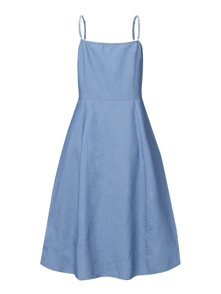 Casual Sling Denim Button Sleeveless Split Design Midi Shirt Women Midi Dress