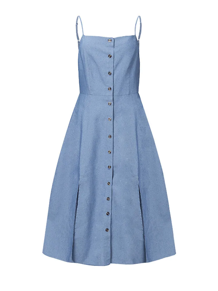 Casual Sling Denim Button Sleeveless Split Design Midi Shirt Women Midi Dress