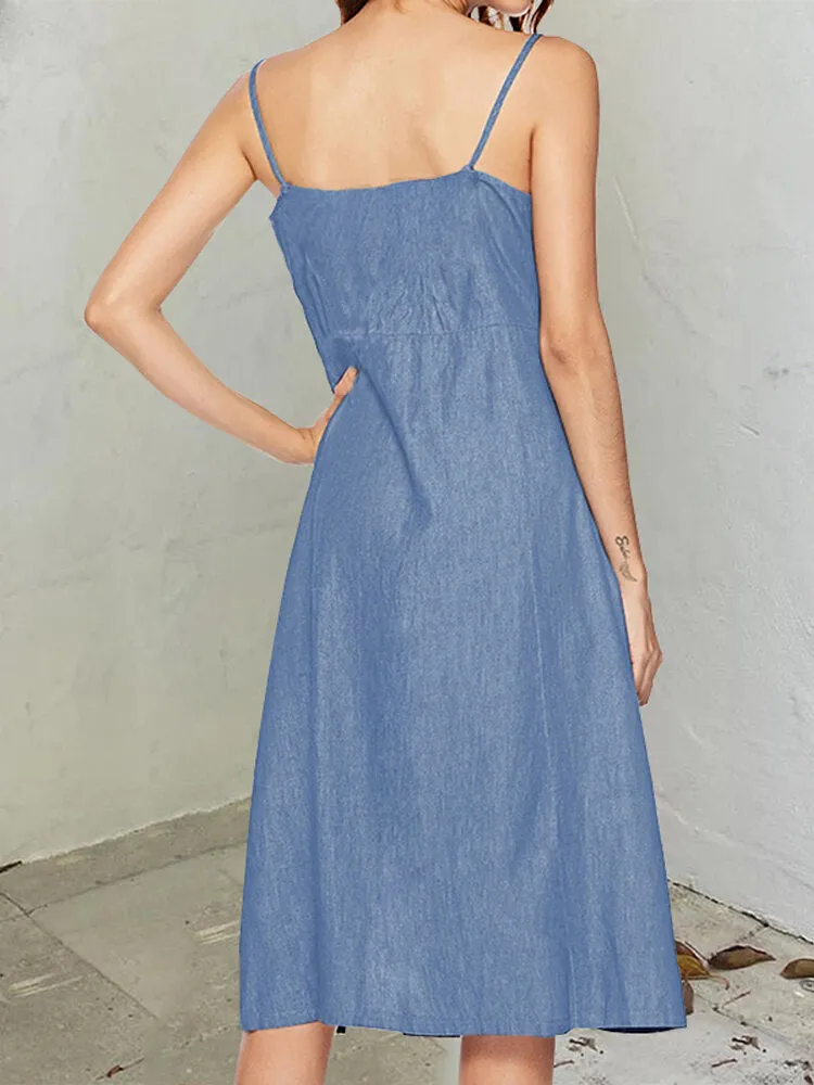Casual Sling Denim Button Sleeveless Split Design Midi Shirt Women Midi Dress