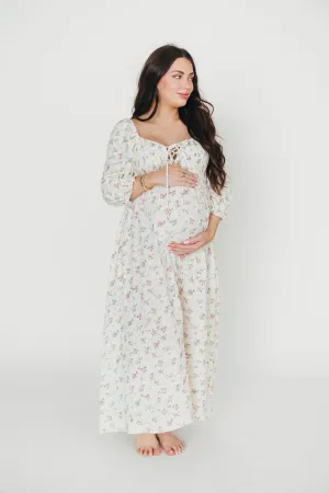 Cecilia 100% Cotton Smocked Maxi Dress in Ivory/Mauve Floral - Bump Friendly