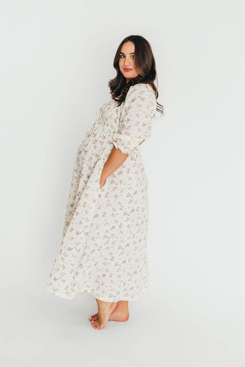 Cecilia 100% Cotton Smocked Maxi Dress in Ivory/Mauve Floral - Bump Friendly