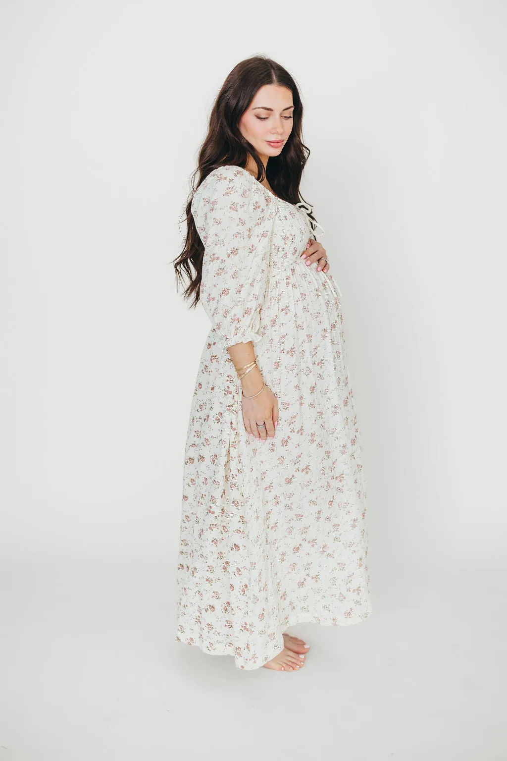 Cecilia 100% Cotton Smocked Maxi Dress in Ivory/Mauve Floral - Bump Friendly