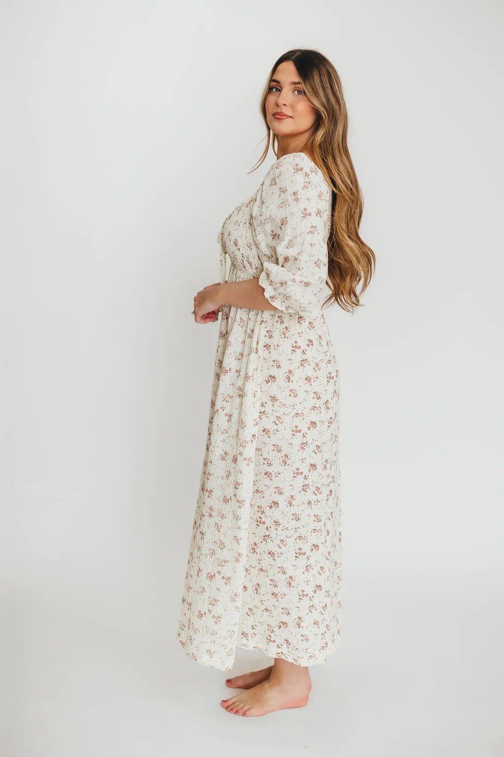 Cecilia 100% Cotton Smocked Maxi Dress in Ivory/Mauve Floral - Bump Friendly