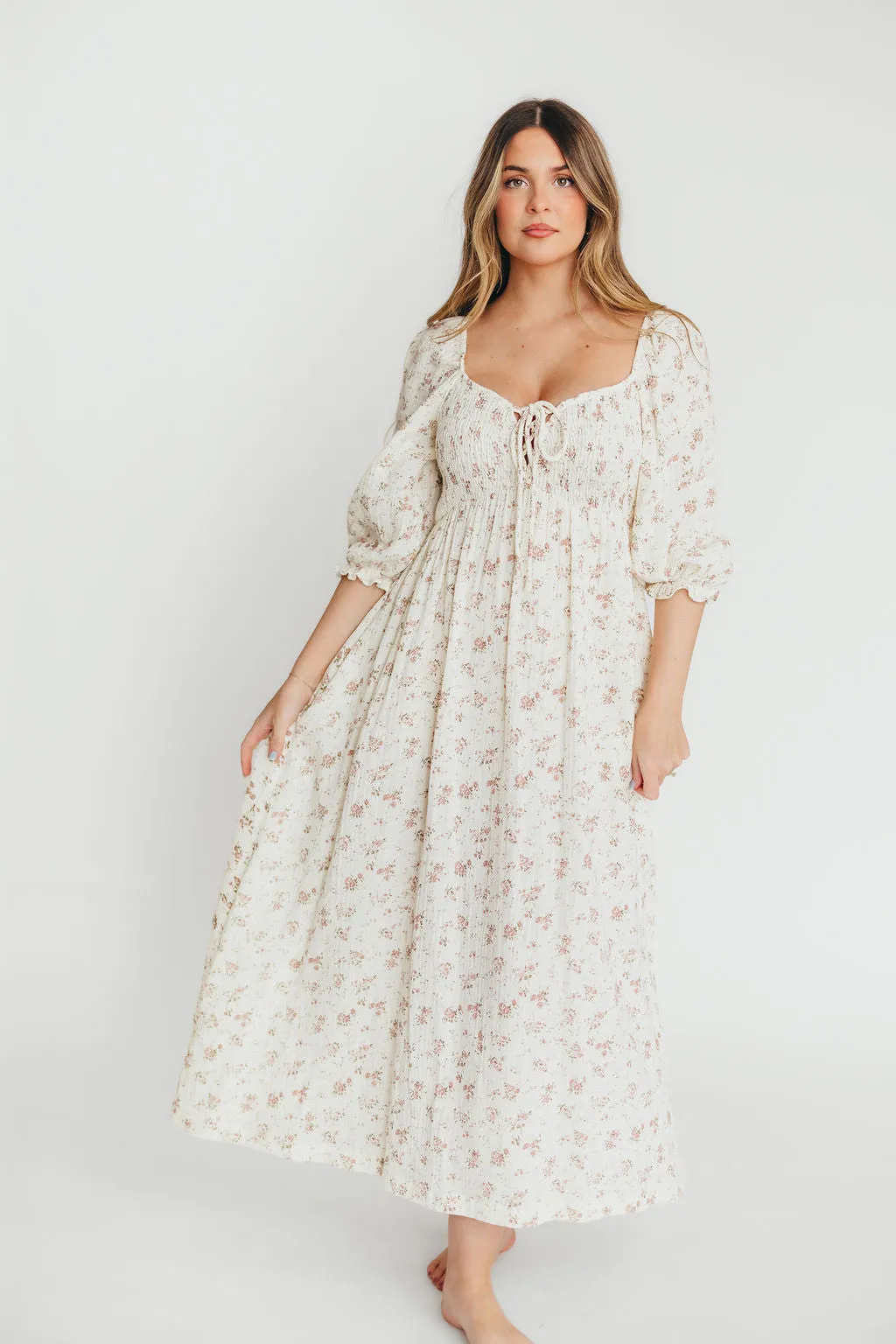 Cecilia 100% Cotton Smocked Maxi Dress in Ivory/Mauve Floral - Bump Friendly