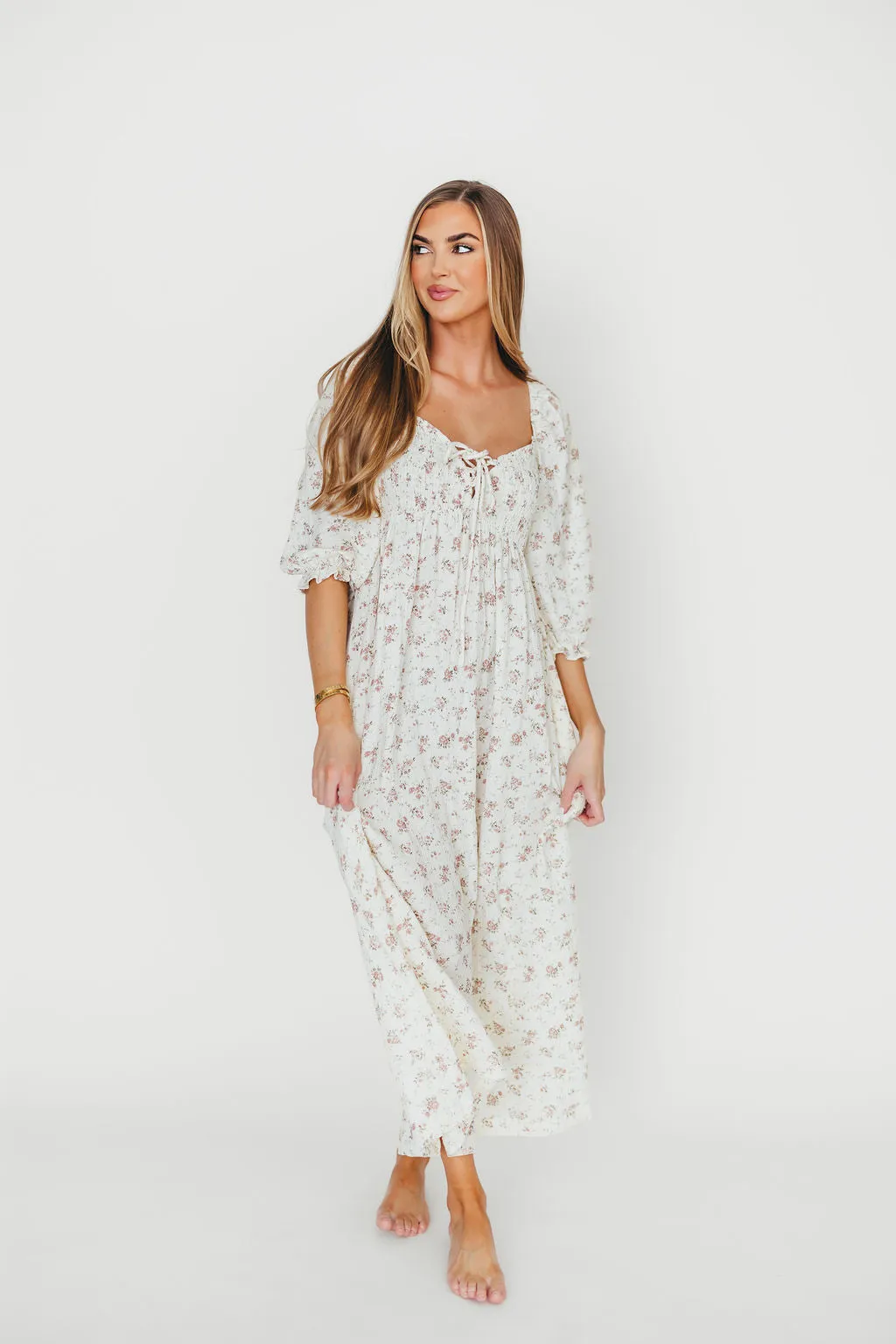 Cecilia 100% Cotton Smocked Maxi Dress in Ivory/Mauve Floral - Bump Friendly