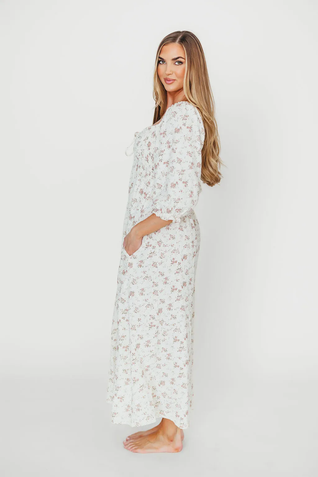 Cecilia 100% Cotton Smocked Maxi Dress in Ivory/Mauve Floral - Bump Friendly