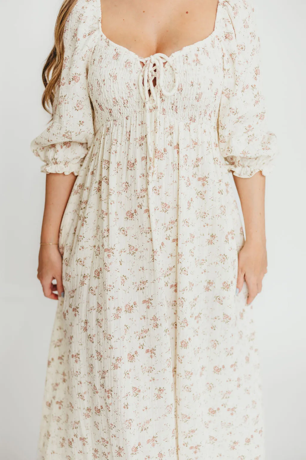 Cecilia 100% Cotton Smocked Maxi Dress in Ivory/Mauve Floral - Bump Friendly