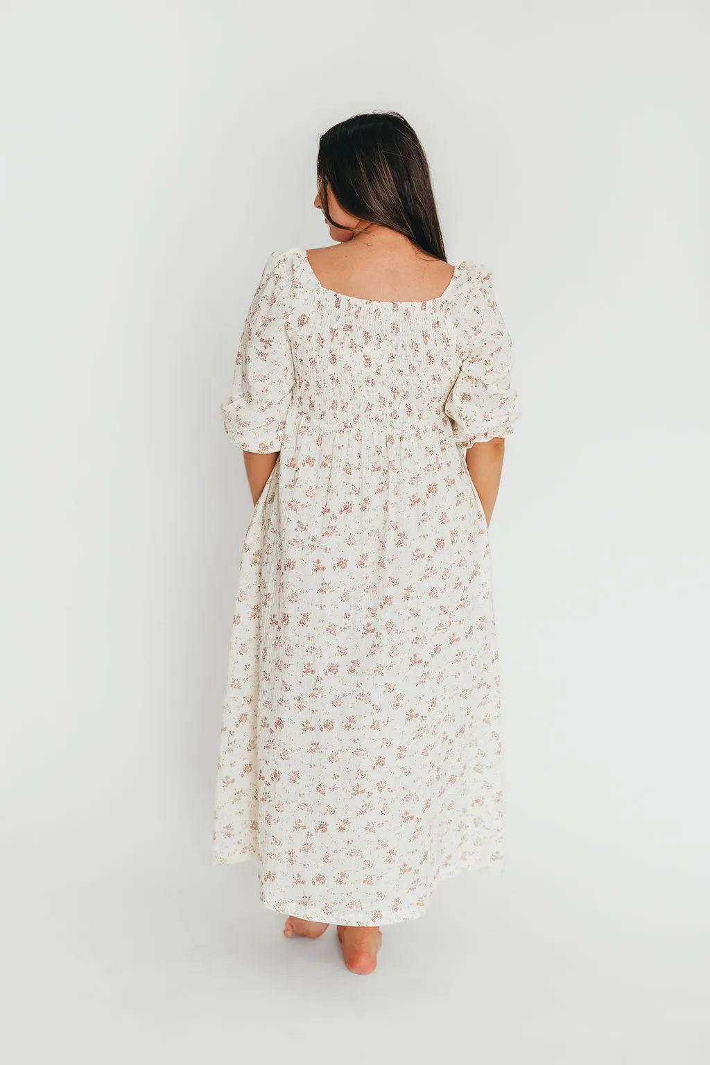 Cecilia 100% Cotton Smocked Maxi Dress in Ivory/Mauve Floral - Bump Friendly