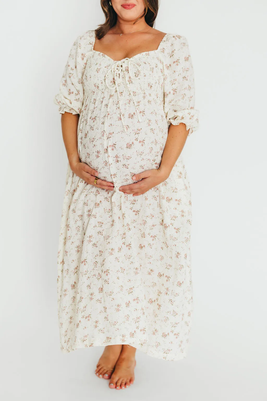 Cecilia 100% Cotton Smocked Maxi Dress in Ivory/Mauve Floral - Bump Friendly