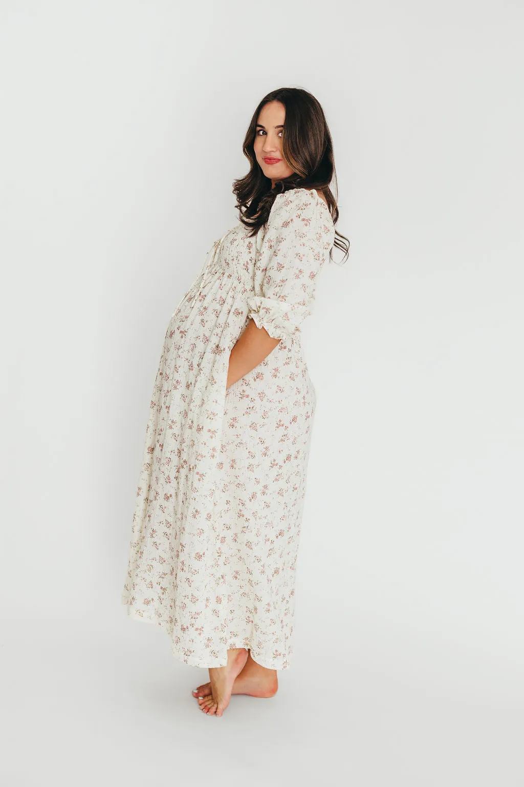 Cecilia 100% Cotton Smocked Maxi Dress in Ivory/Mauve Floral - Bump Friendly