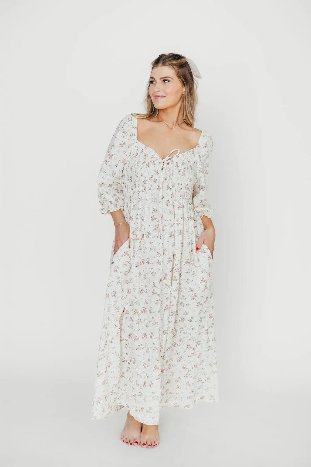 Cecilia 100% Cotton Smocked Maxi Dress in Ivory/Mauve Floral - Bump Friendly