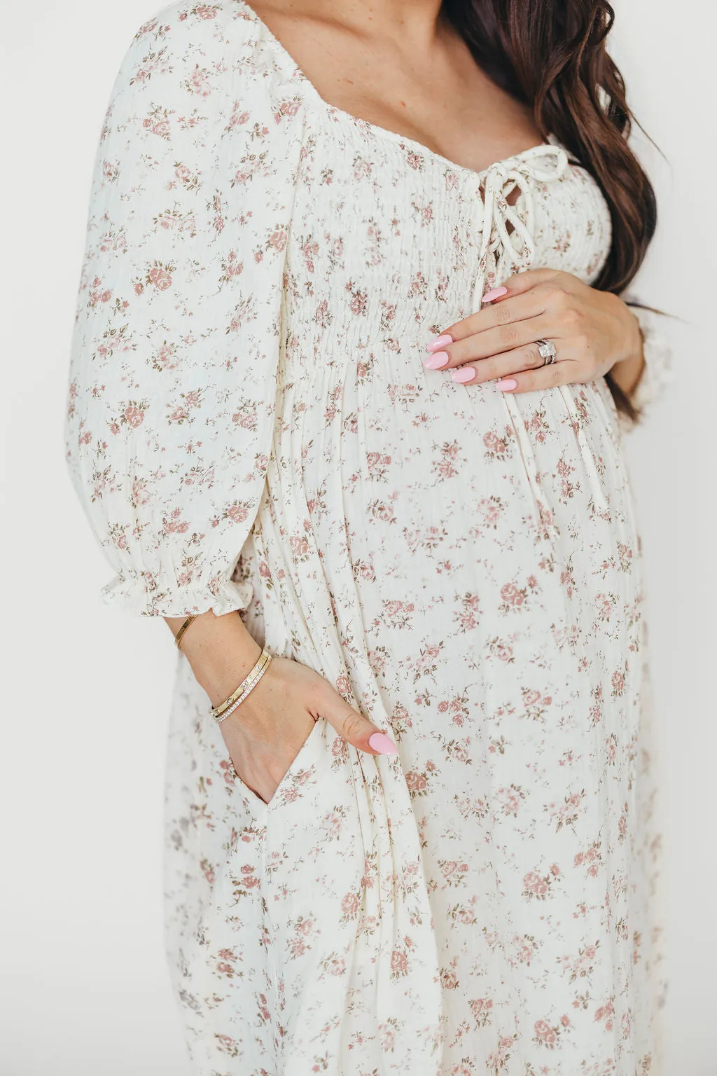 Cecilia 100% Cotton Smocked Maxi Dress in Ivory/Mauve Floral - Bump Friendly