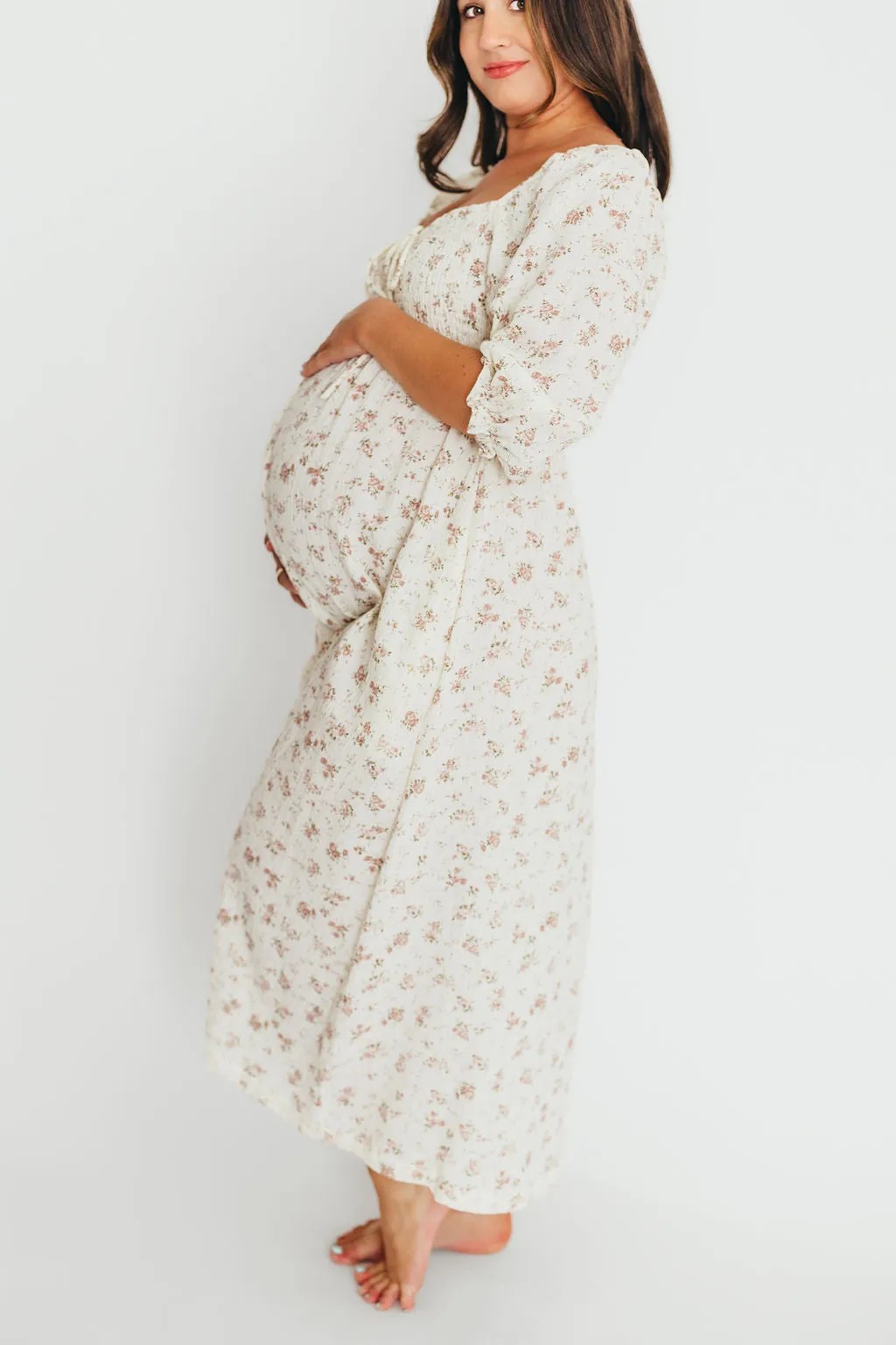 Cecilia 100% Cotton Smocked Maxi Dress in Ivory/Mauve Floral - Bump Friendly