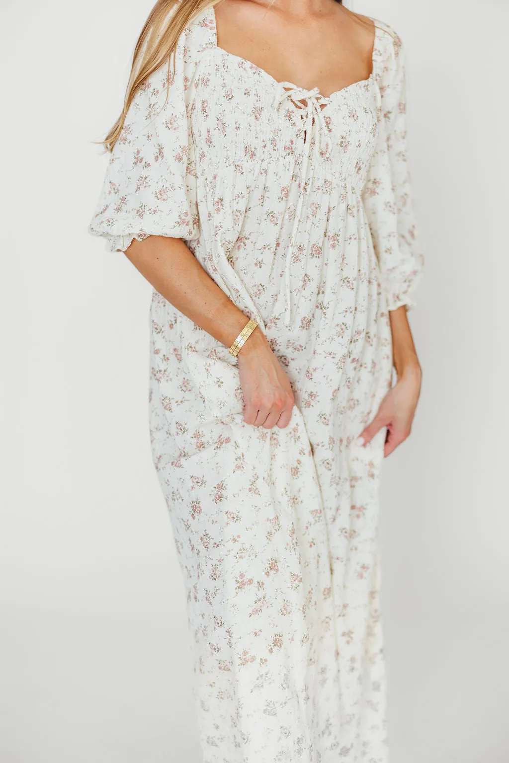Cecilia 100% Cotton Smocked Maxi Dress in Ivory/Mauve Floral - Bump Friendly