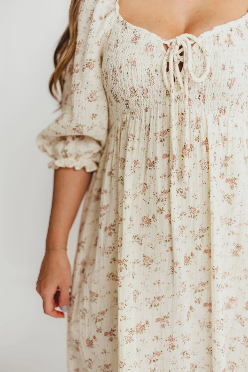 Cecilia 100% Cotton Smocked Maxi Dress in Ivory/Mauve Floral - Bump Friendly