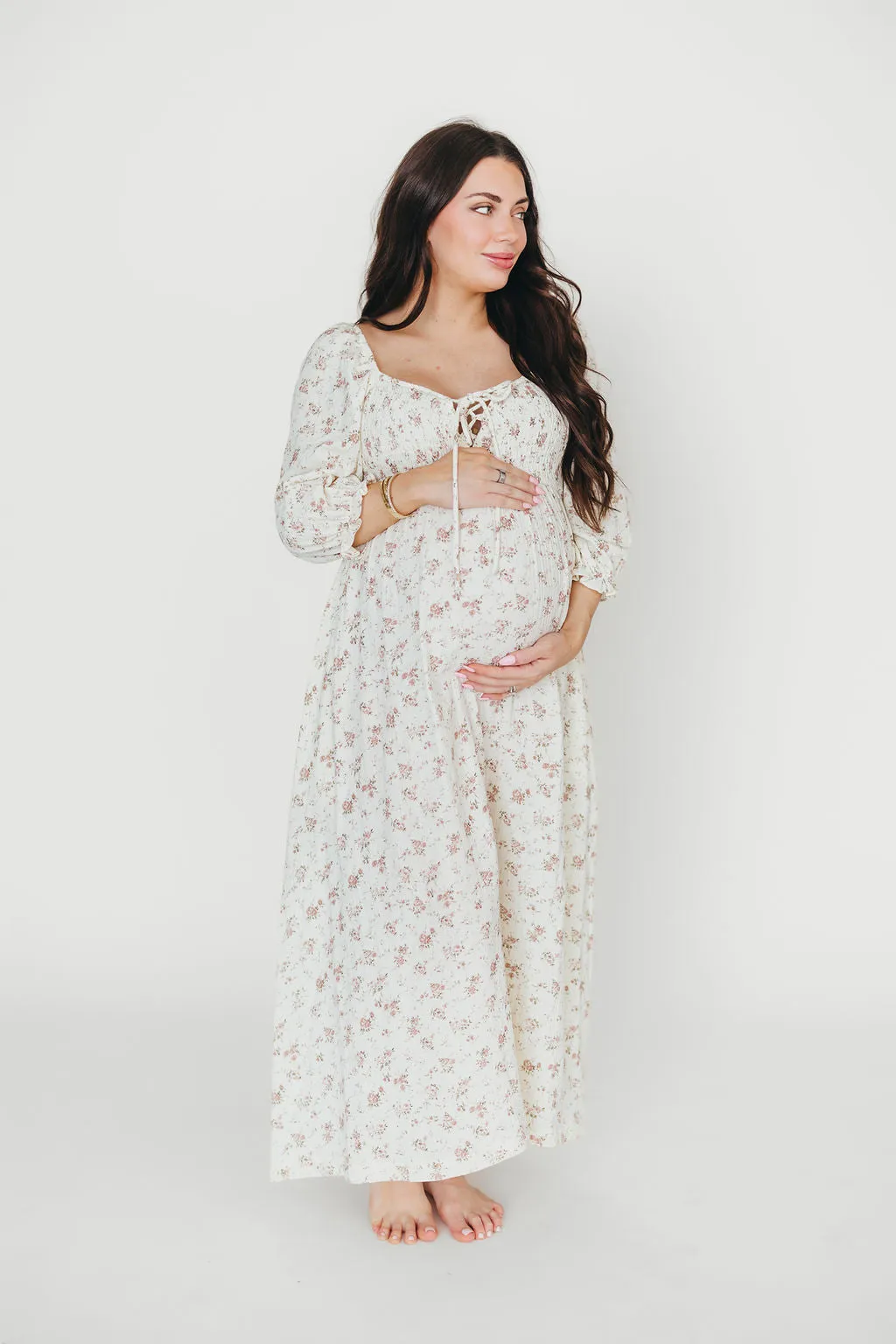 Cecilia 100% Cotton Smocked Maxi Dress in Ivory/Mauve Floral - Bump Friendly