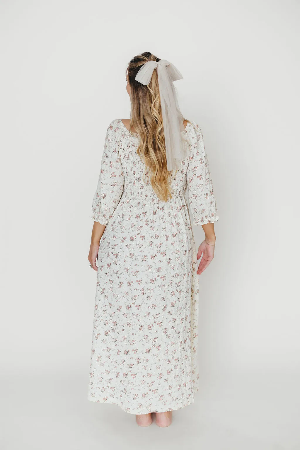 Cecilia 100% Cotton Smocked Maxi Dress in Ivory/Mauve Floral - Bump Friendly