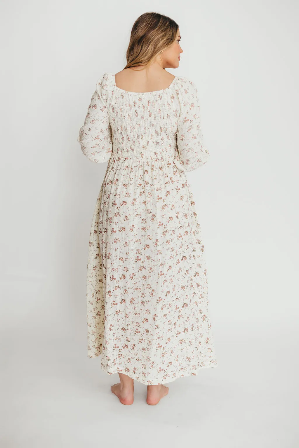 Cecilia 100% Cotton Smocked Maxi Dress in Ivory/Mauve Floral - Bump Friendly