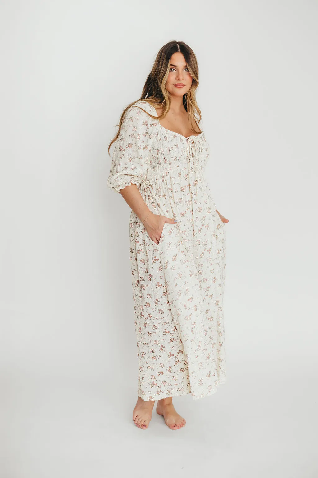 Cecilia 100% Cotton Smocked Maxi Dress in Ivory/Mauve Floral - Bump Friendly