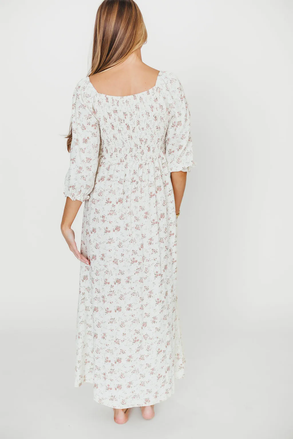 Cecilia 100% Cotton Smocked Maxi Dress in Ivory/Mauve Floral - Bump Friendly