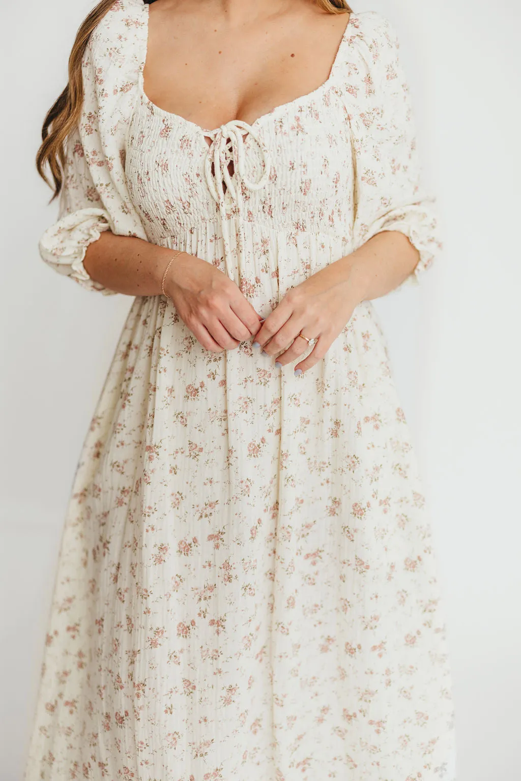 Cecilia 100% Cotton Smocked Maxi Dress in Ivory/Mauve Floral - Bump Friendly