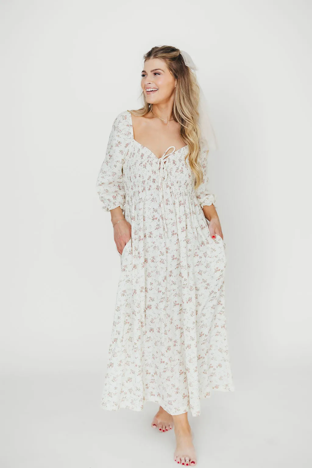 Cecilia 100% Cotton Smocked Maxi Dress in Ivory/Mauve Floral - Bump Friendly