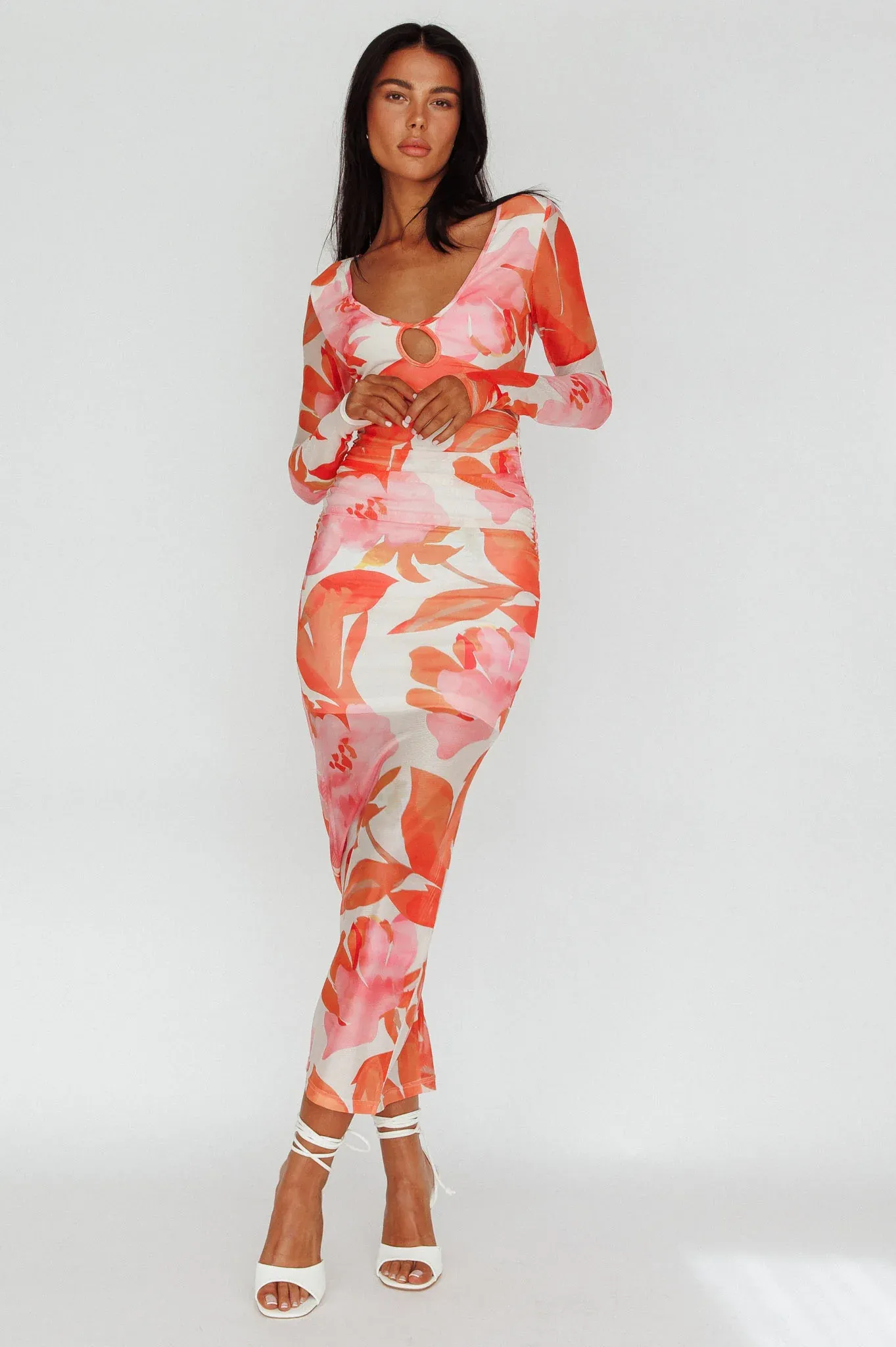 Chardae Long Sleeve Mesh Midi Dress Floral Pink