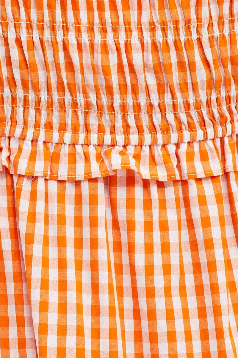 Check Short Sleeve Shirred Midi Dress