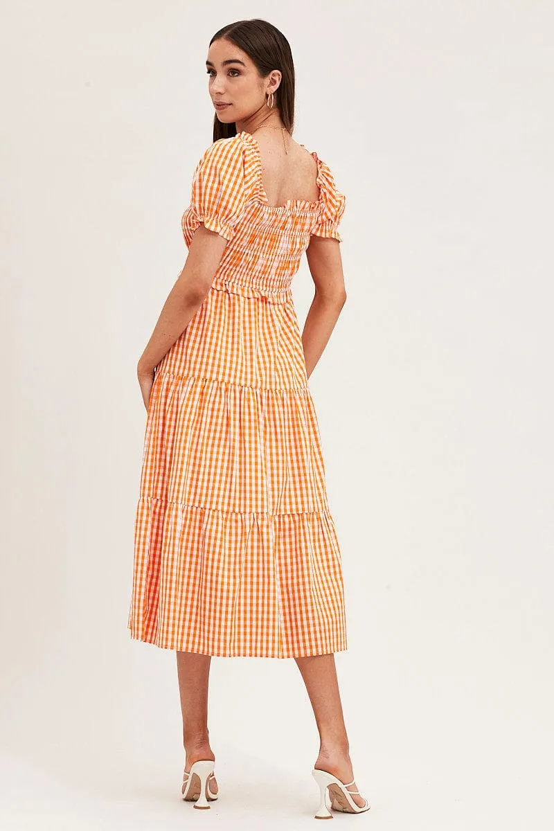 Check Short Sleeve Shirred Midi Dress
