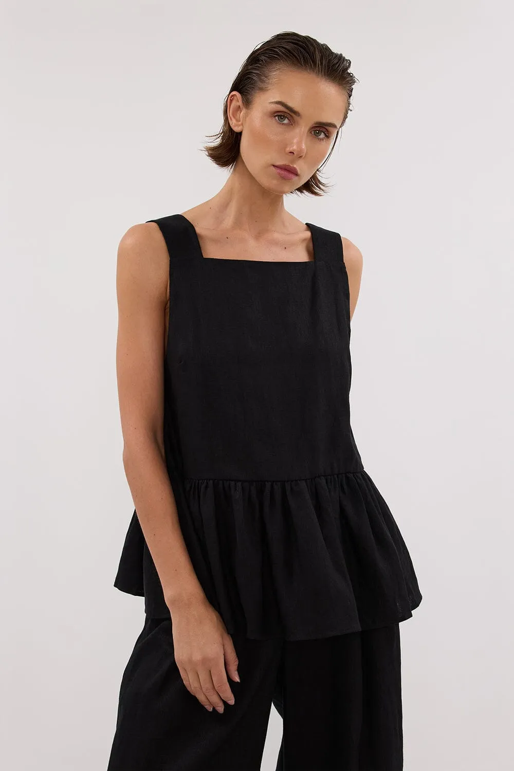 DAISY BLACK LINEN PEPLUM TOP