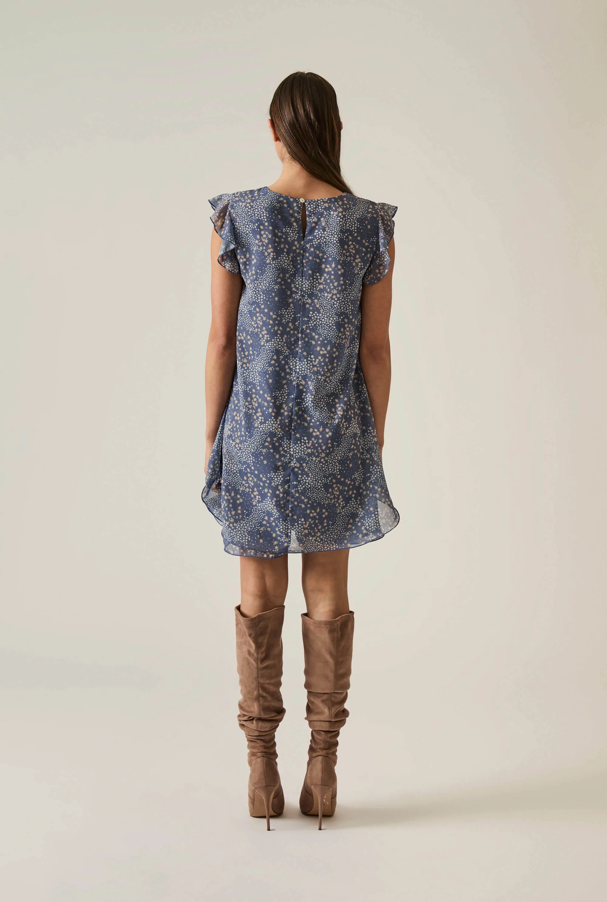Dotted-Flower Mini Navy Dress