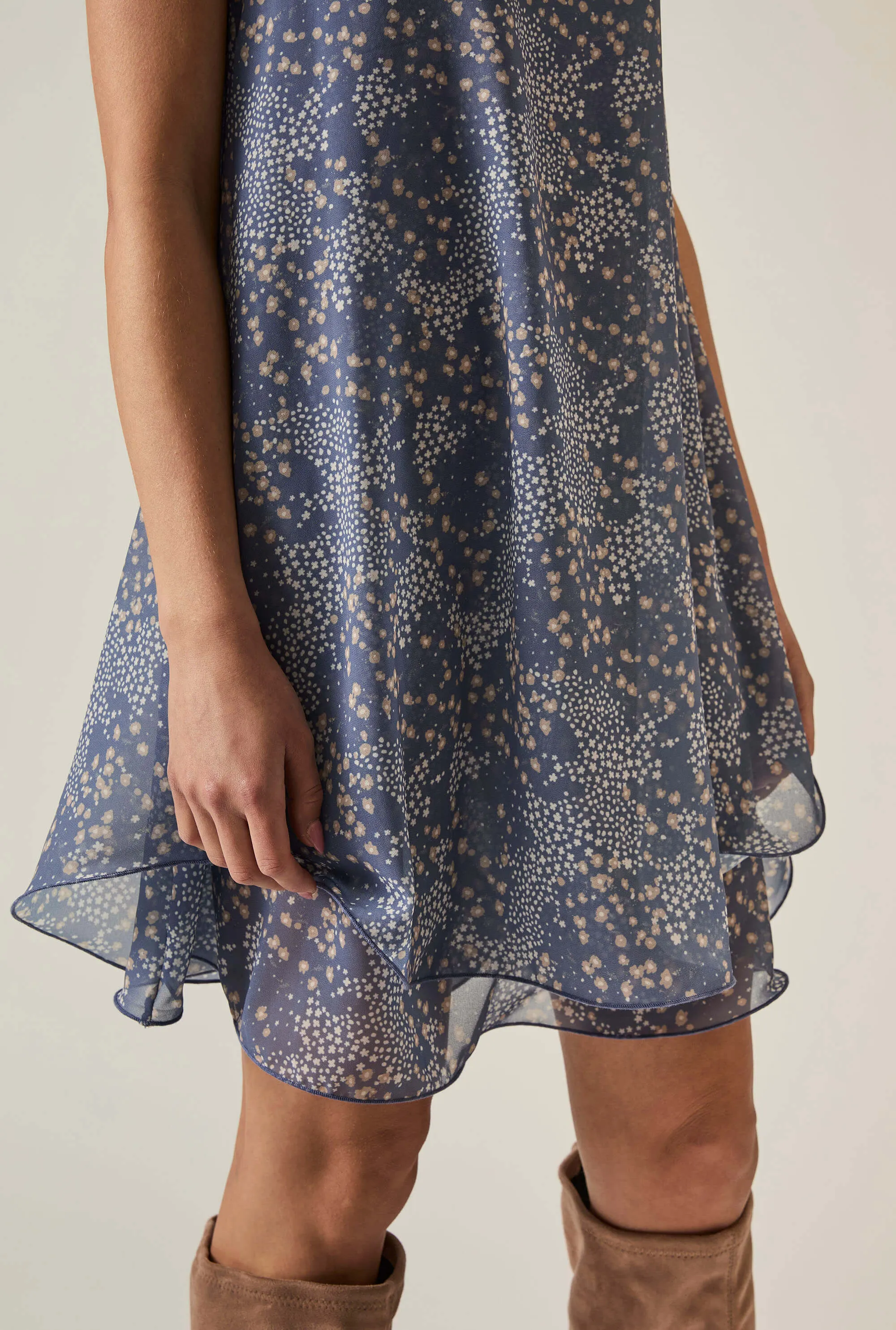 Dotted-Flower Mini Navy Dress
