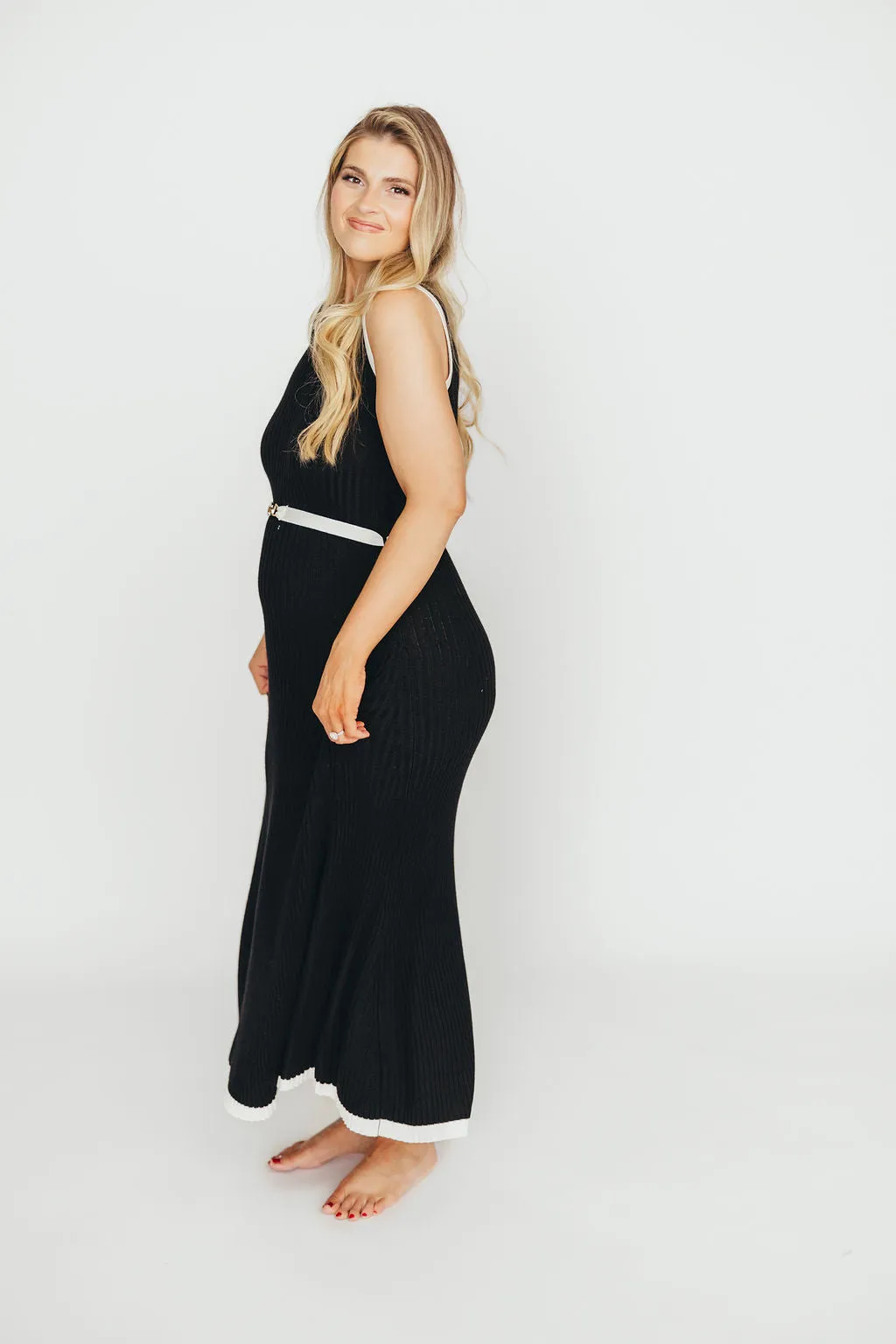 Drew Sleeveless Ribbed Knit Midi Dress in Black/White
