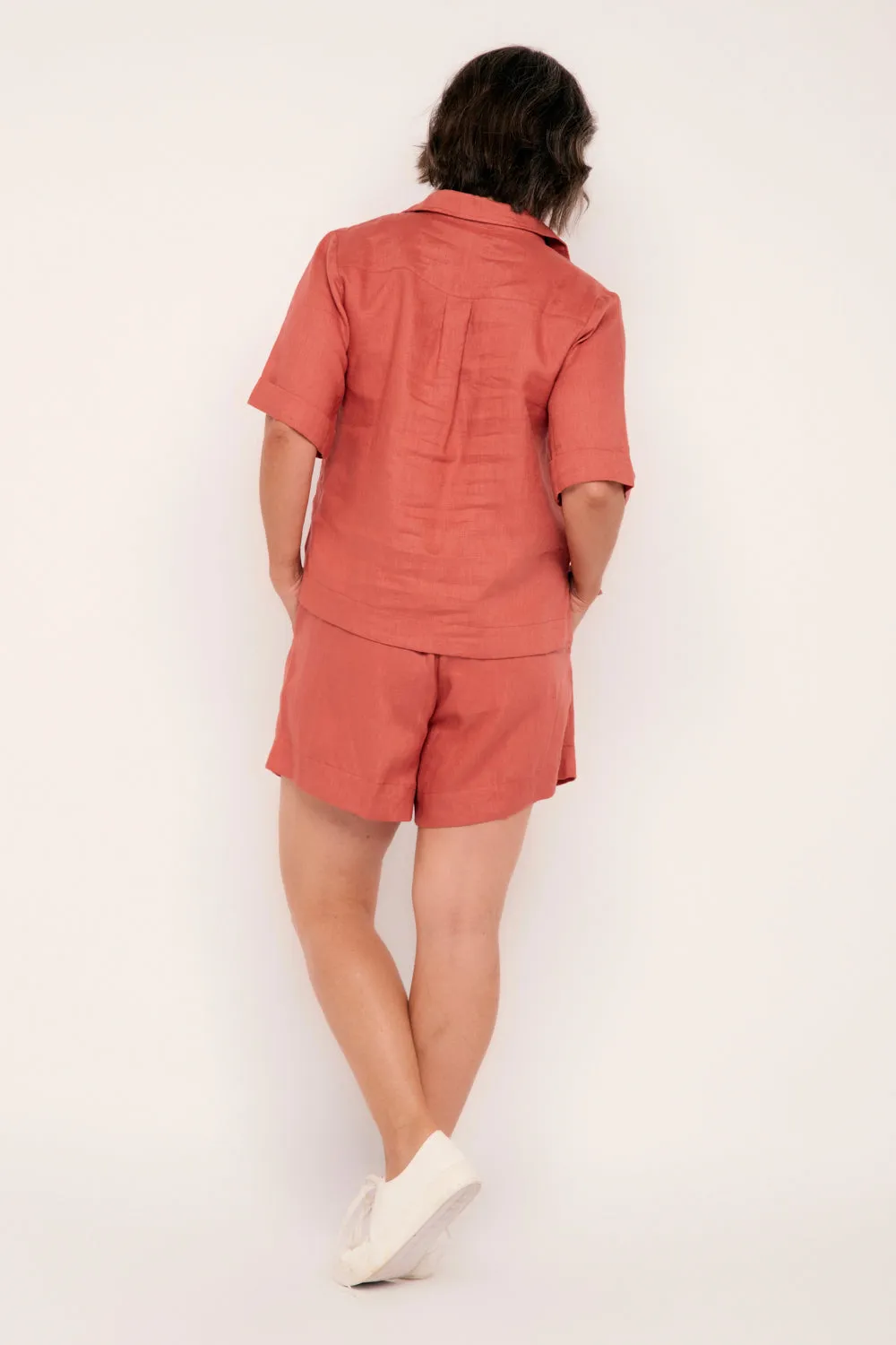 Ella Collared Linen Top in Desert Rose