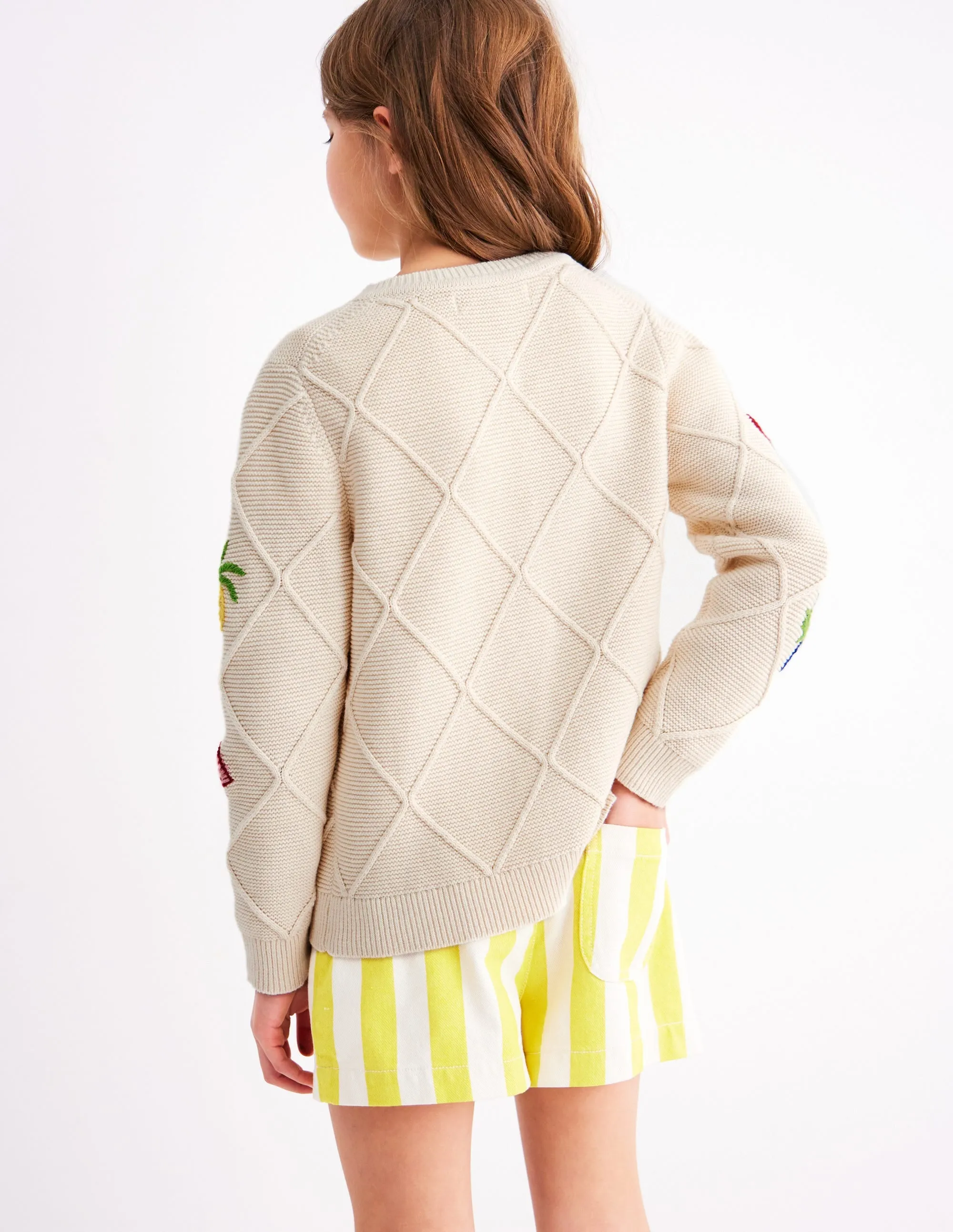Embroidered Pointelle Cardigan-Ecru Tropical Tile