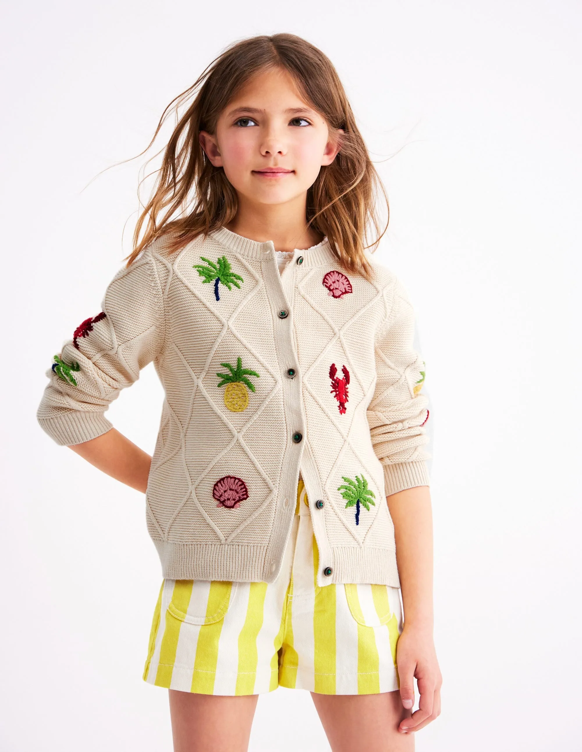 Embroidered Pointelle Cardigan-Ecru Tropical Tile
