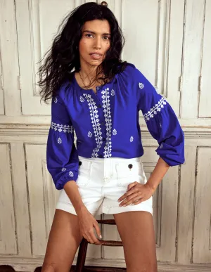 Embroidered Seam Sleeve Shirt-Bright Blue