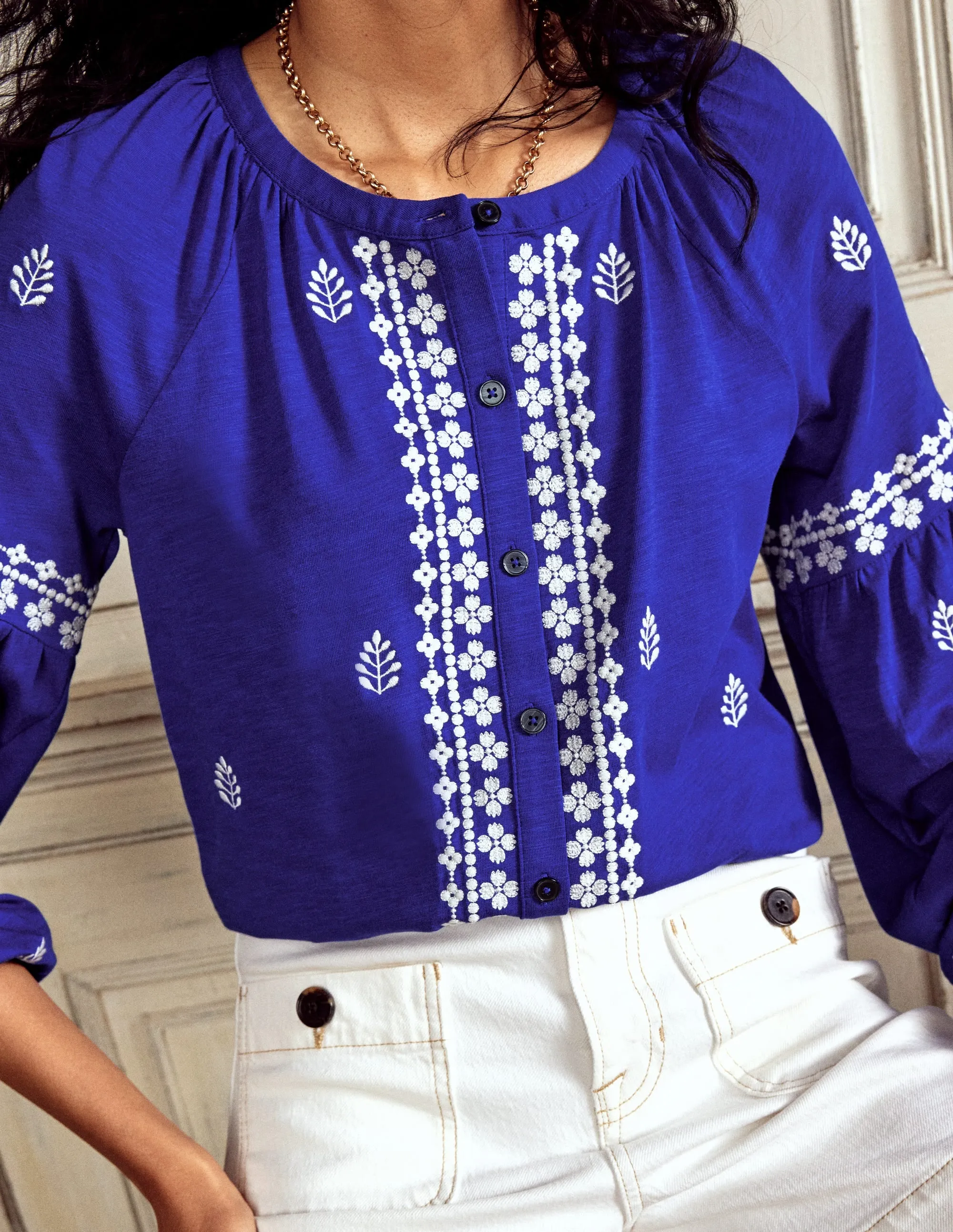 Embroidered Seam Sleeve Shirt-Bright Blue