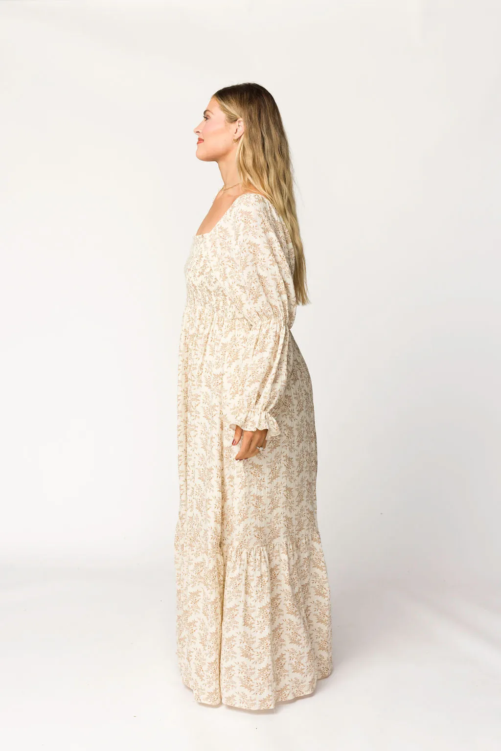 Emerson 100% Cotton Gauze Maxi Dress in Natural/Tan Floral - Bump Friendly