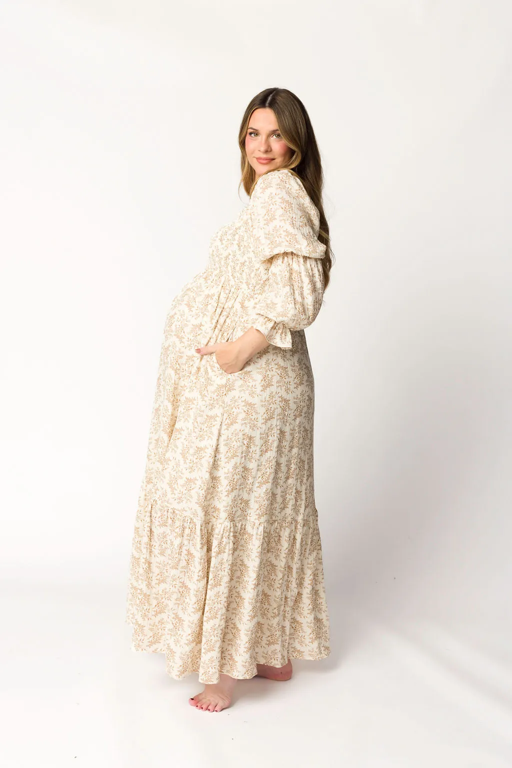 Emerson 100% Cotton Gauze Maxi Dress in Natural/Tan Floral - Bump Friendly