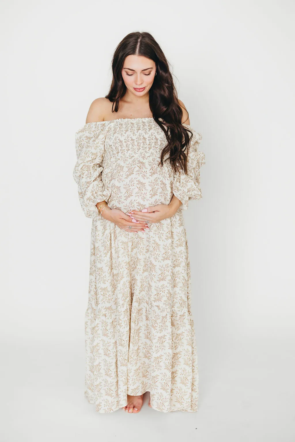 Emerson 100% Cotton Gauze Maxi Dress in Natural/Tan Floral - Bump Friendly