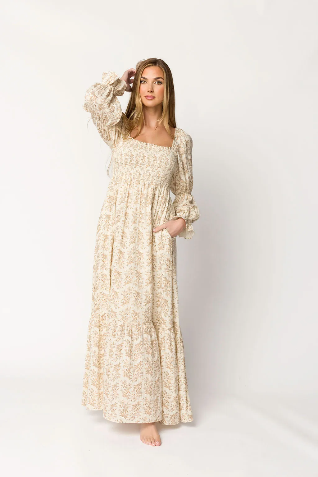 Emerson 100% Cotton Gauze Maxi Dress in Natural/Tan Floral - Bump Friendly