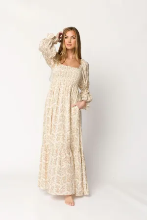 Emerson 100% Cotton Gauze Maxi Dress in Natural/Tan Floral - Bump Friendly