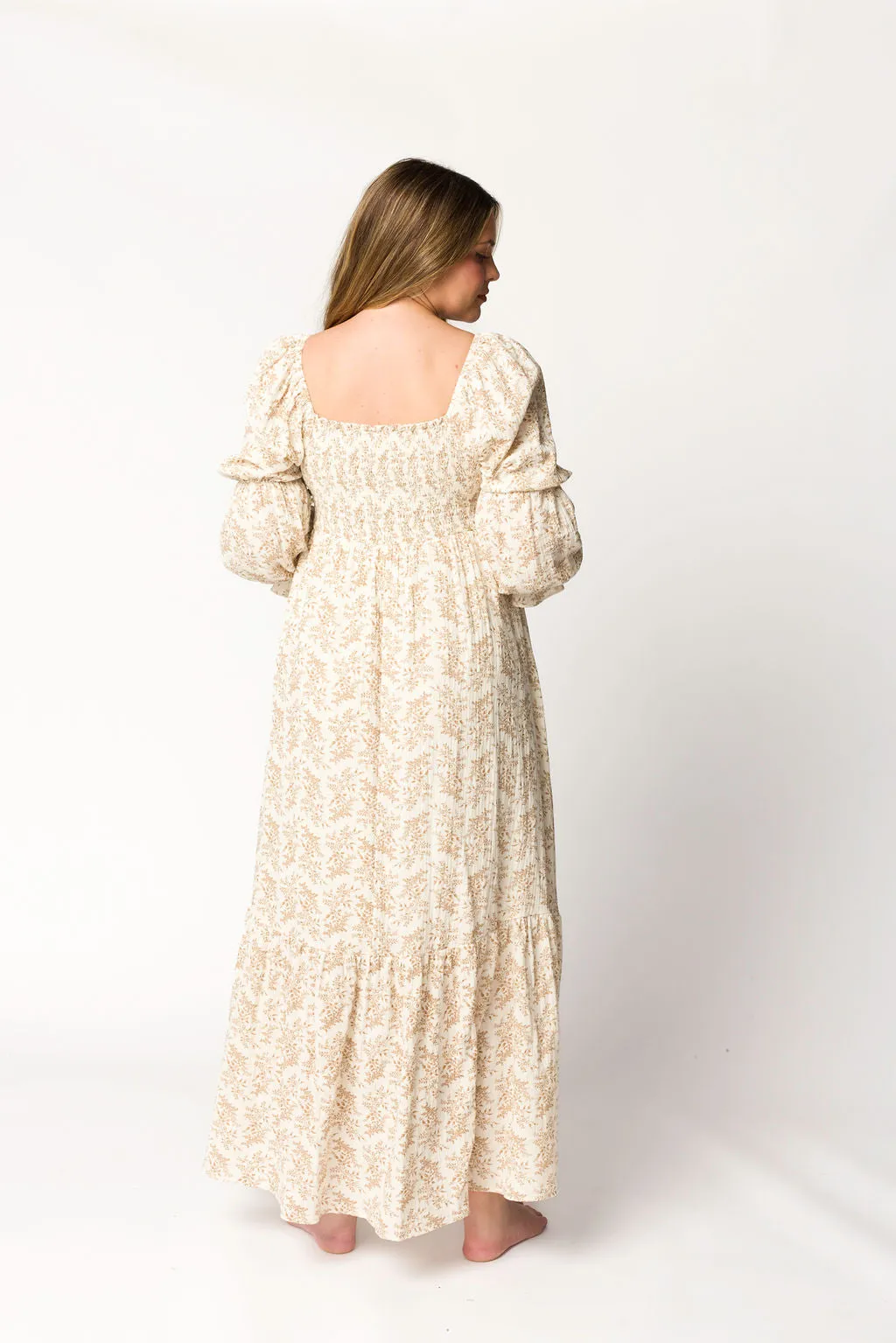 Emerson 100% Cotton Gauze Maxi Dress in Natural/Tan Floral - Bump Friendly