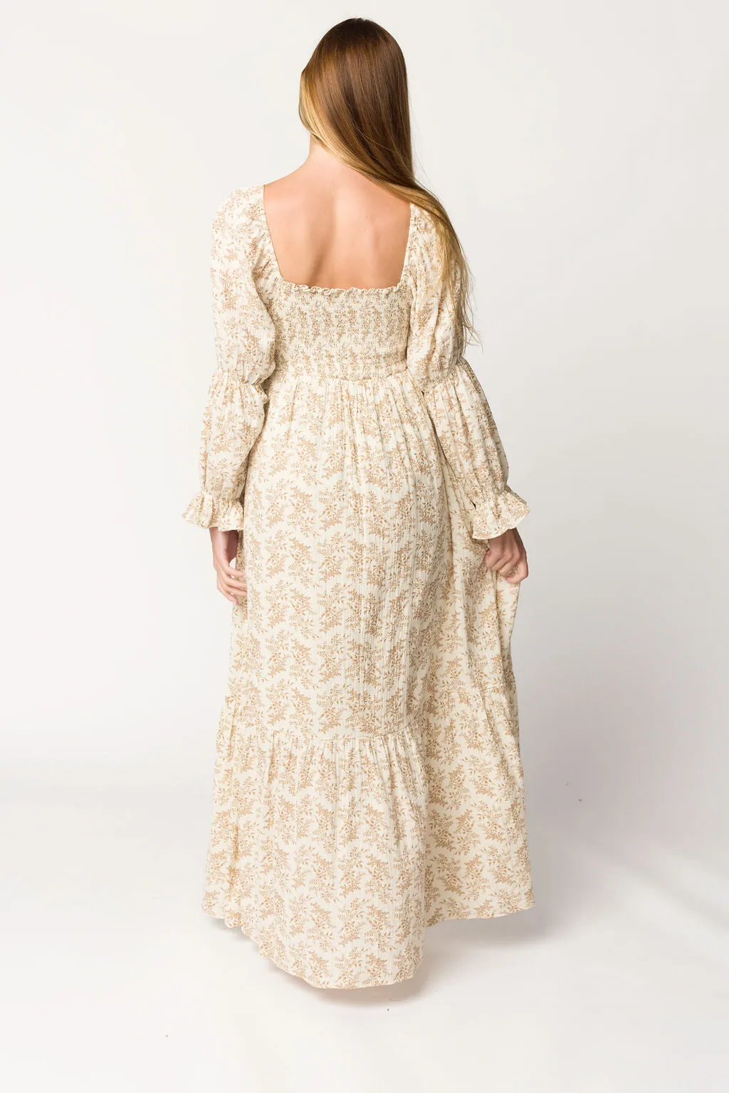 Emerson 100% Cotton Gauze Maxi Dress in Natural/Tan Floral - Bump Friendly