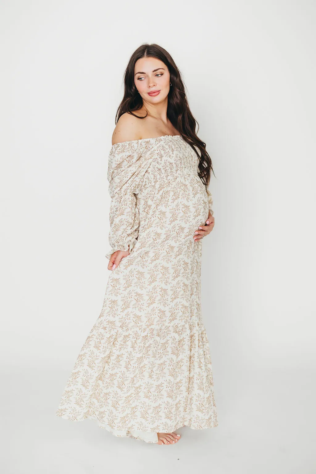 Emerson 100% Cotton Gauze Maxi Dress in Natural/Tan Floral - Bump Friendly