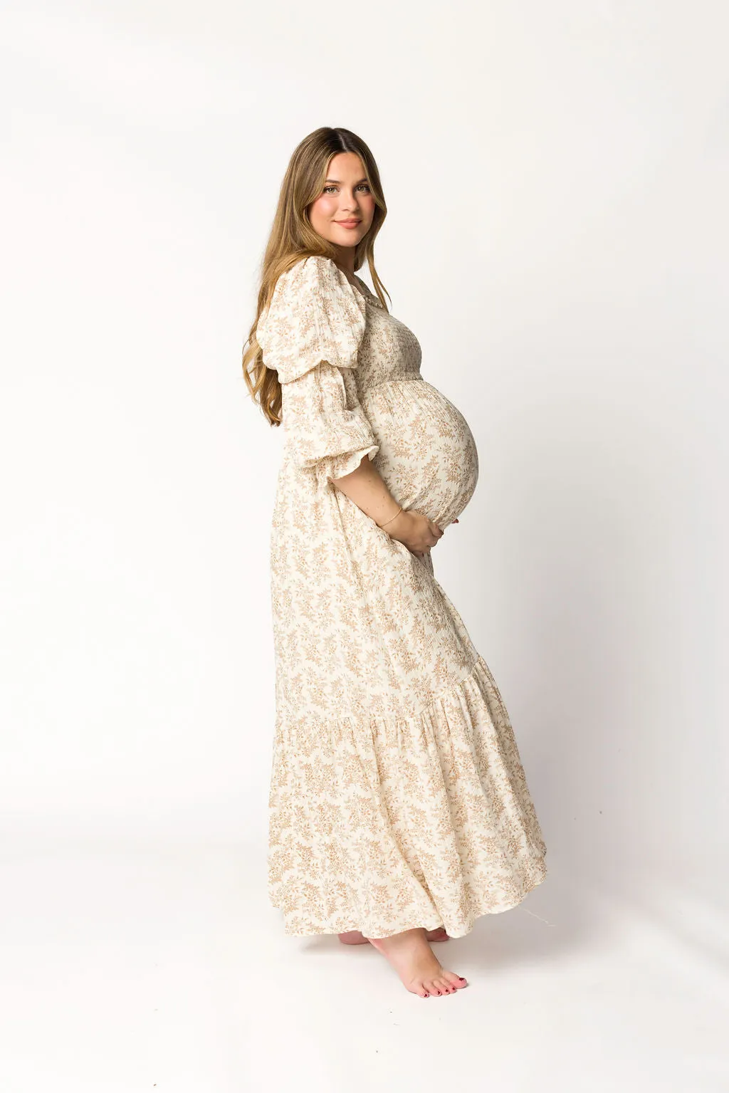 Emerson 100% Cotton Gauze Maxi Dress in Natural/Tan Floral - Bump Friendly
