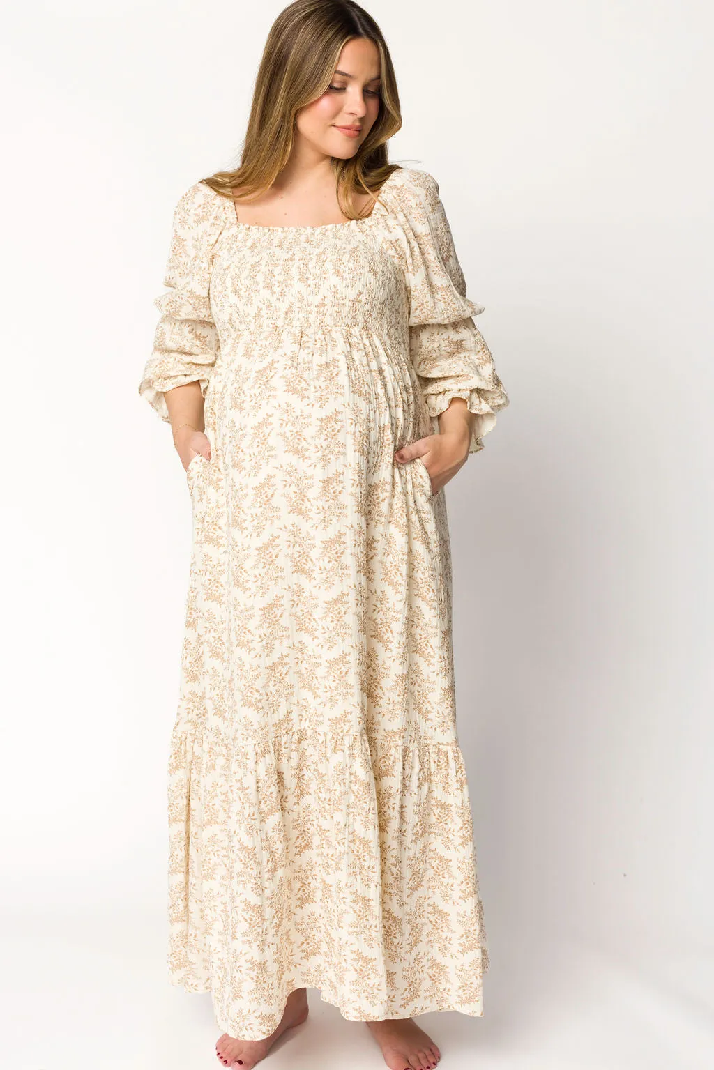 Emerson 100% Cotton Gauze Maxi Dress in Natural/Tan Floral - Bump Friendly